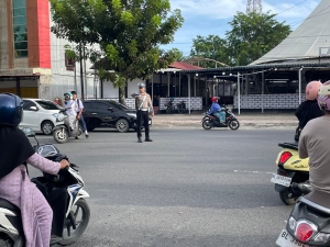 Sat Lantas Polres Langsa Laksanakan Strong Point Pagi di Jalan Ahmad Yani