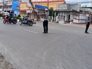 Sat Lantas Polres Langsa Laksanakan Strong Point Pagi di Jalan Ahmad Yani
