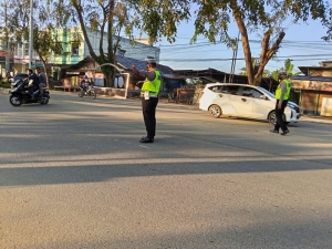 Satlantas Polres Langsa Laksanakan Strong Point Pagi di Jalan Ahmad Yani