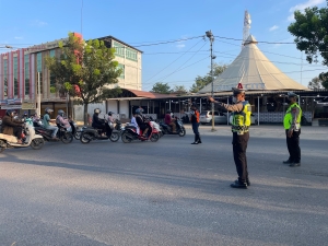 Sat Lantas Polres Langsa Laksanakan Strong Point Pagi di Jalan Ahmad Yani