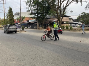 Satlantas Polres Langsa Laksanakan Strong Point Pagi di Jalan Ahmad Yani