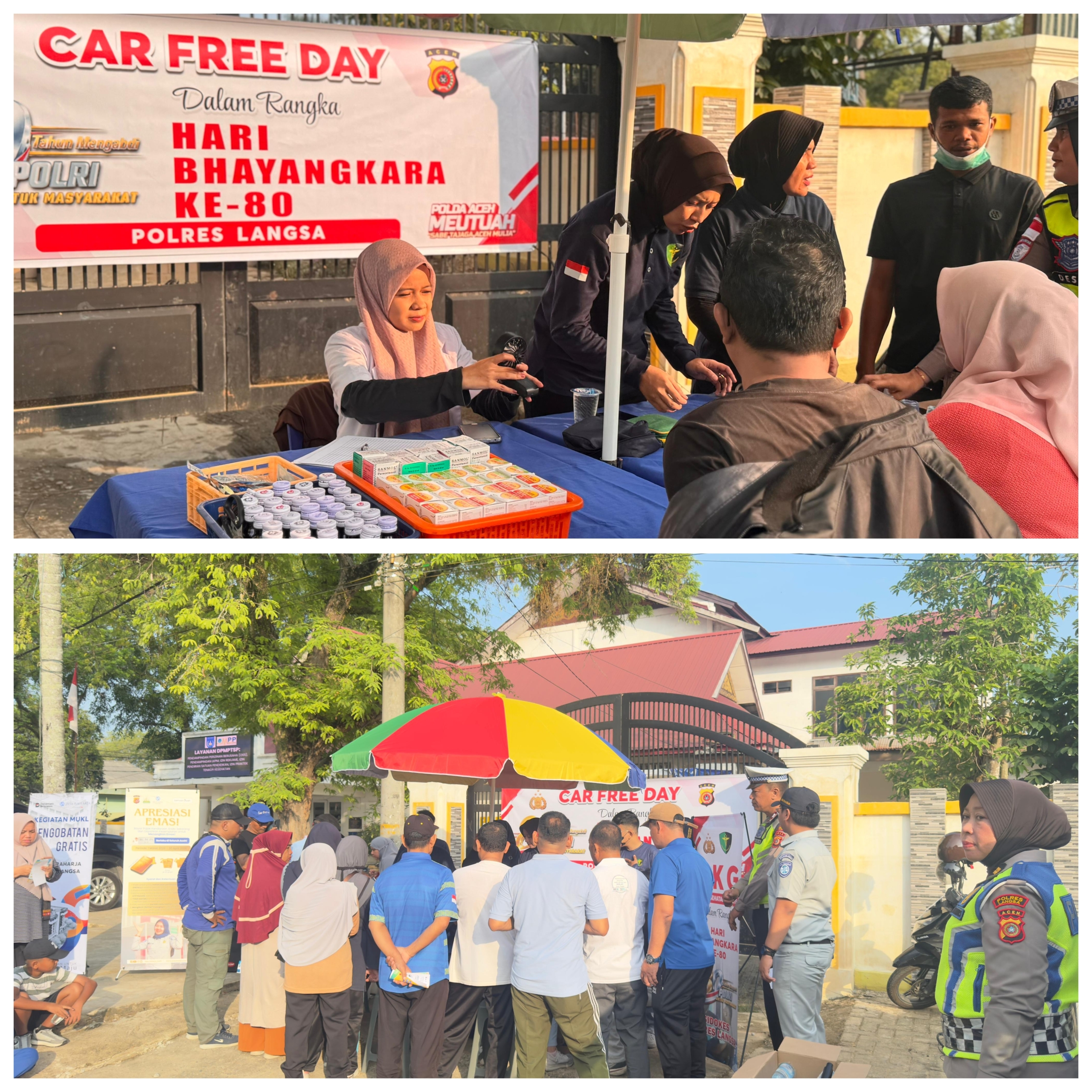 Satlantas Polres Langsa Gelar Pengobatan Gratis dan Edukasi Keselamatan Berlalu Lintas pada Car Free Day Hari Bhayangkara ke-80