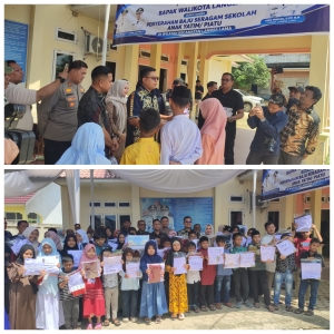 kapolsek langsa timur hadiri penyerahan seragam sekolah gratis bagi anak yatim piatu di langsa lama