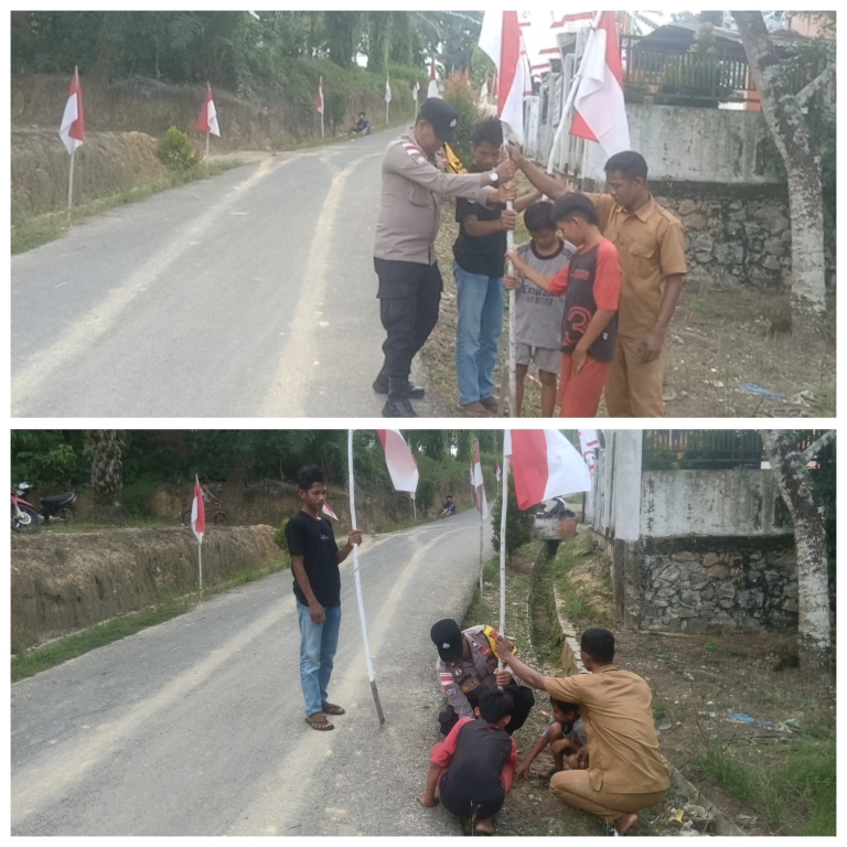 Bhabinkamtibmas Polsek Birem Bayeun Bersama Warga Semarakkan Pemasangan Bendera Merah Putih