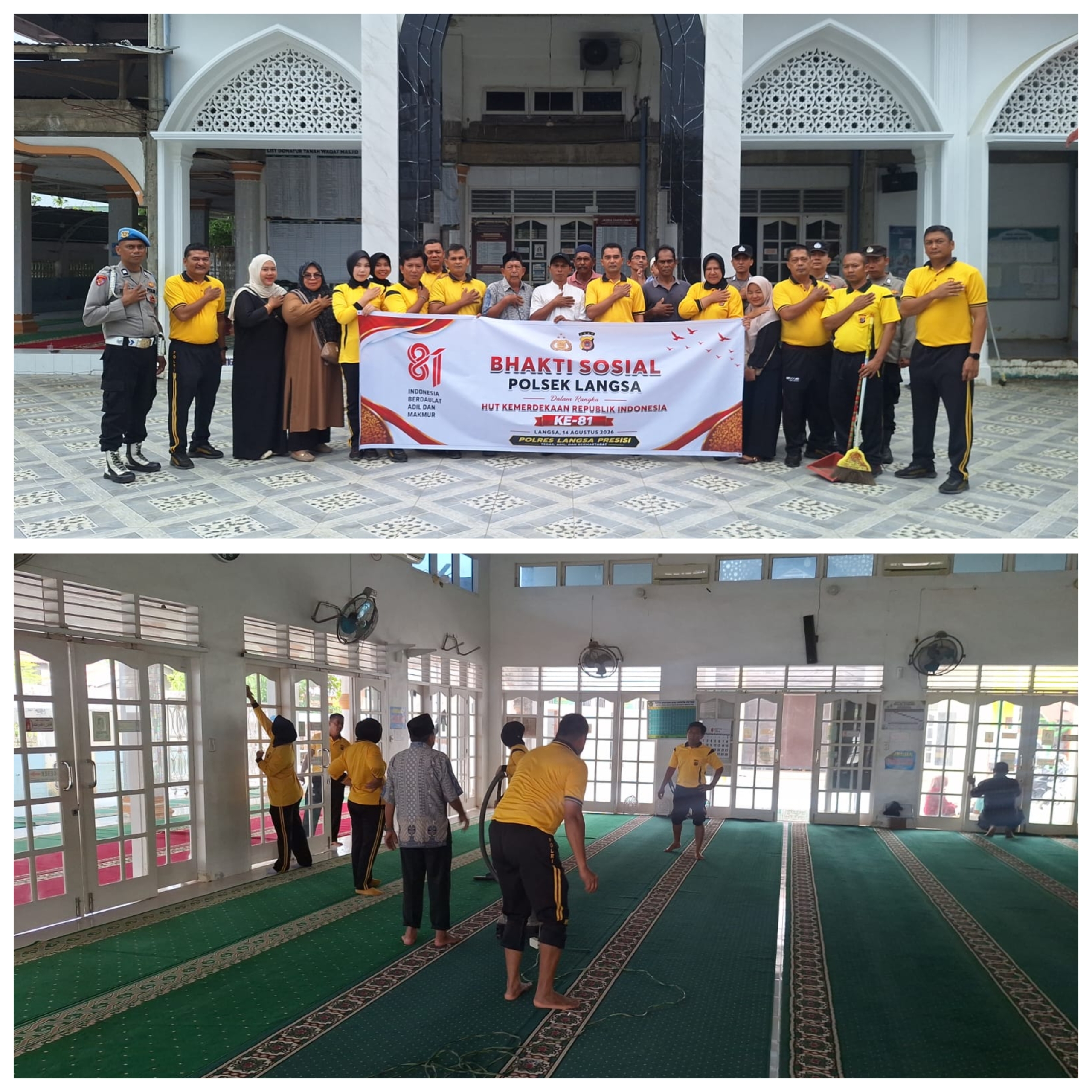 Polsek Langsa Gelar Bakti Sosial Bersihkan Masjid Sambut HUT RI Ke-81