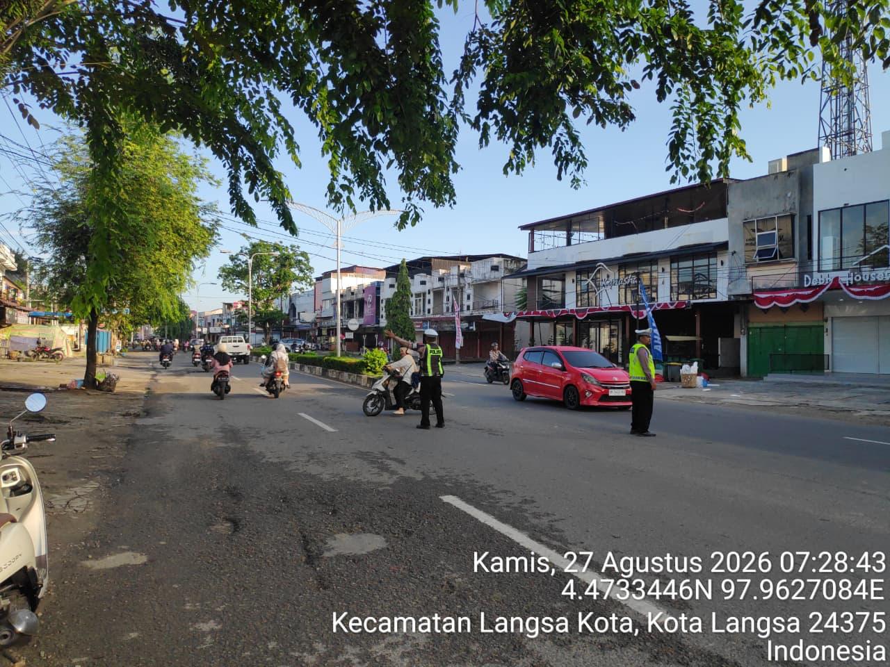 Satlantas Polres Langsa Perkuat Pelayanan Pagi Melalui Strong Point Di Jalan Ahmad Yani