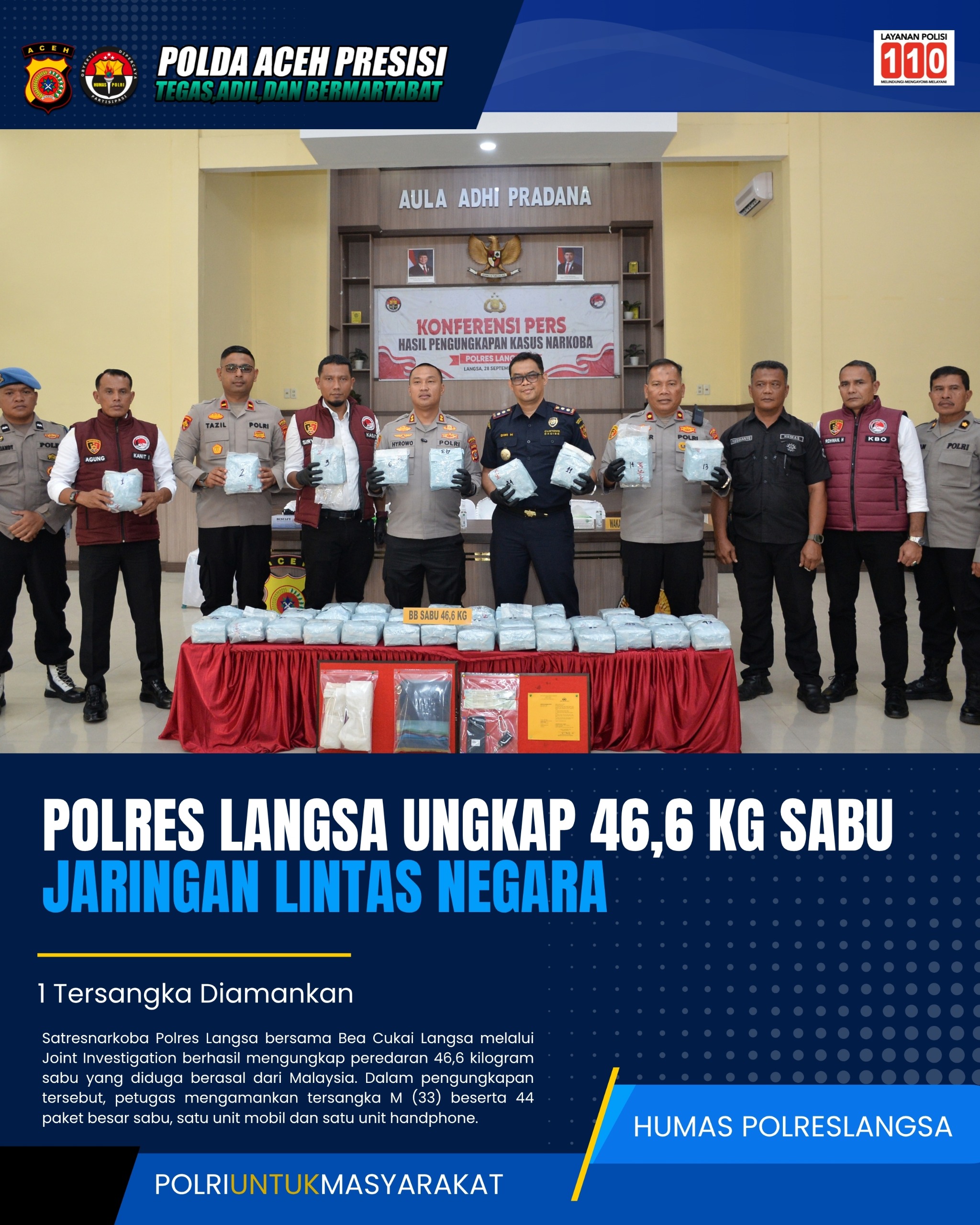 Polres Langsa Ungkap 46,6 Kg Sabu Jaringan Malaysia, Nilainya Capai Rp13,2 Miliar