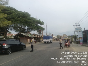 Polsek Rantau Selamat Perkuat Strong Point Pagi, Wujudkan Kamtibcarlantas Di Jalan Medan-Banda Aceh