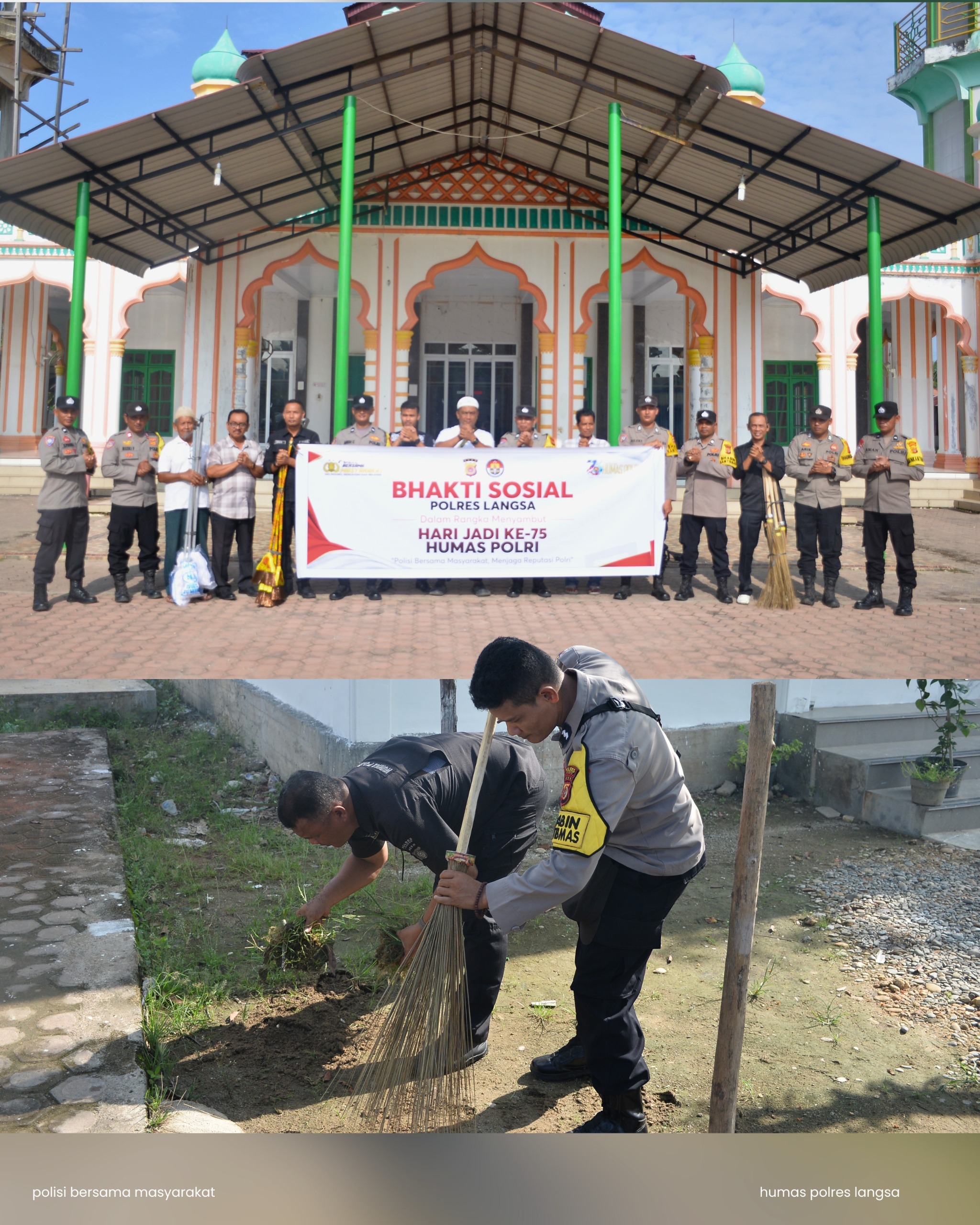 Sambut Hari Jadi Humas Polri Ke-75, Polres Langsa Gelar Bakti Sosial Bersihkan Pekarangan Masjid